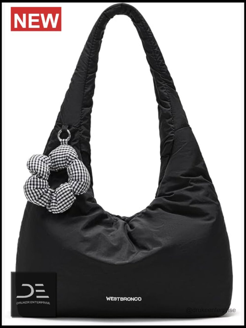 Puffer Hobo Shoulder Bag Medium Soft Laptop Bag with Flower Keychain